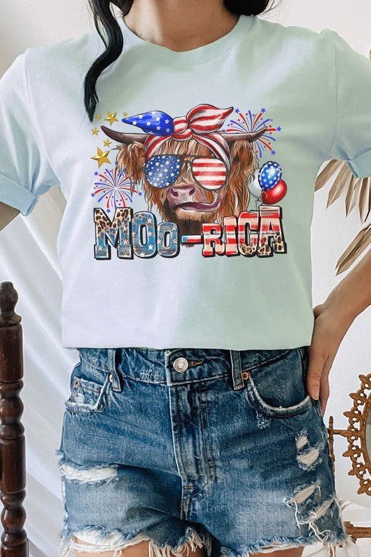 Moo-Rica Cow Fireworks Flag Patriotic Graphic Tee
