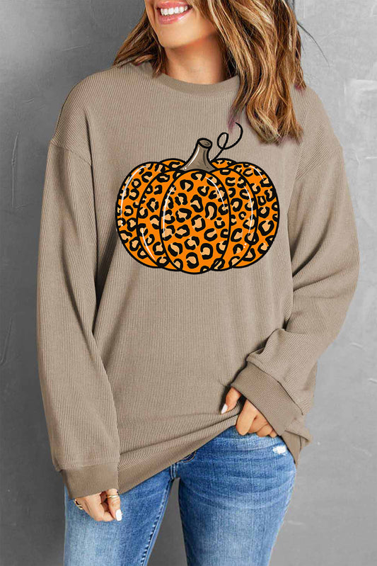 Leopard Print Pumpkin Round Neck Sweatshirt