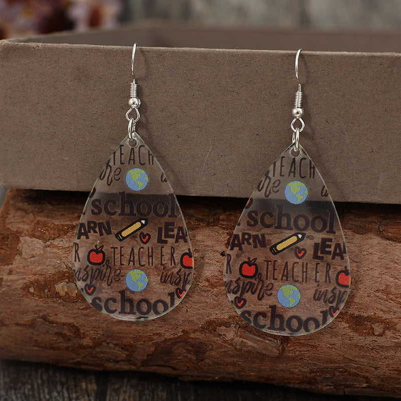 School Acrylic Letter Teardrop Shape Earrings