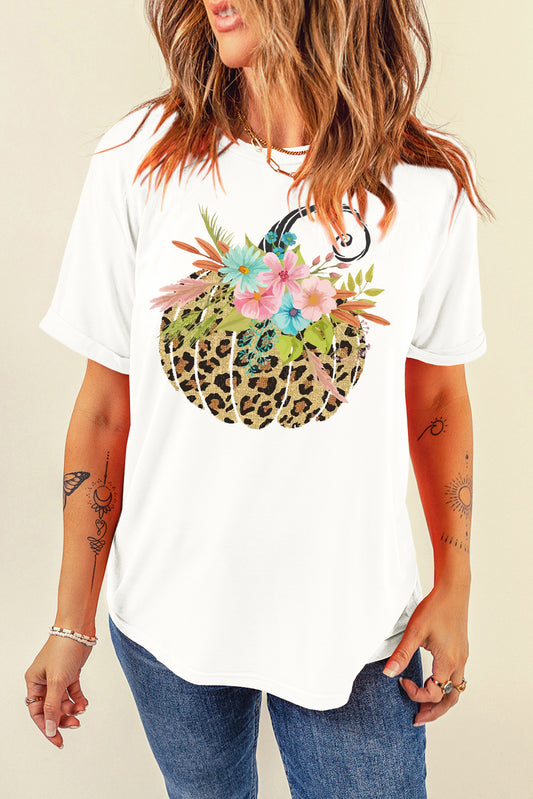 Floral Leopard Pumpkin Graphic Short Sleeve T-Shirt