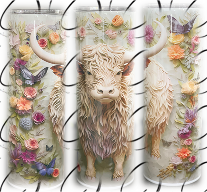 3D Floral Highland Cow 20oz Skinny Tumbler
