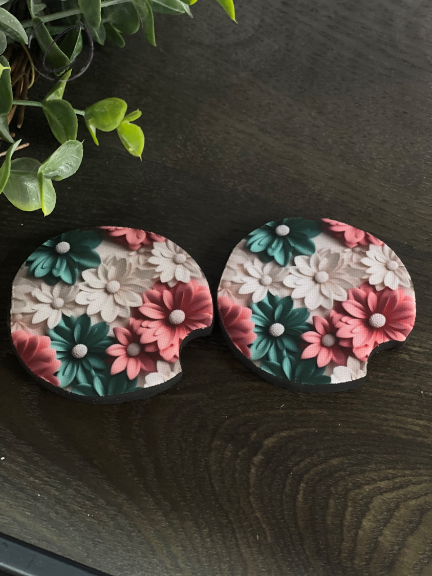 3D Pink & Green Daisy Car Coaster Set