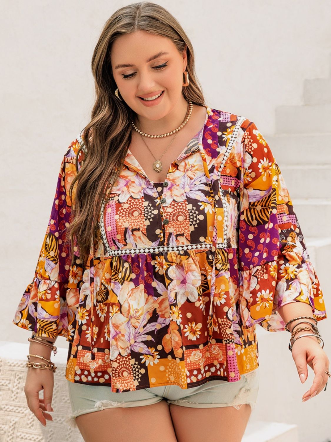 Plus Size Fall Printed Tie Neck Blouse