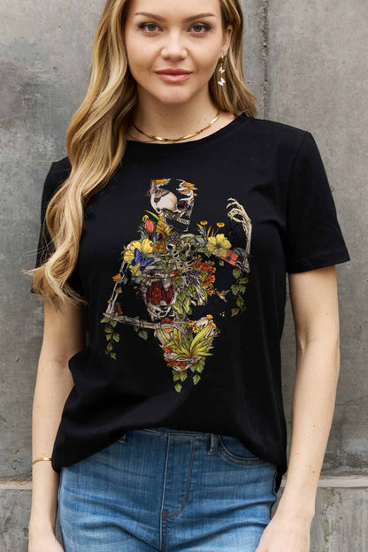 Floral Skeleton Graphic Cotton T-shirt