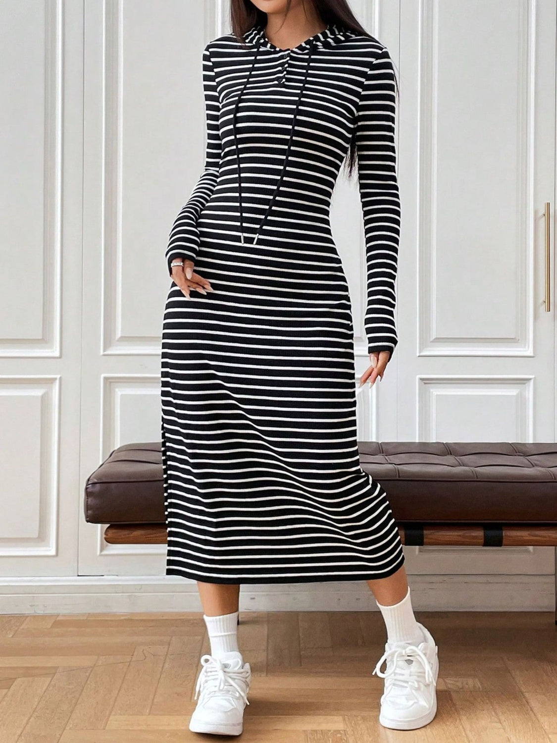 Drawstring Striped Long Sleeve Hooded Dress