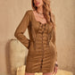 Fringe Lace Up Square Neck Long Sleeve Mini Dress