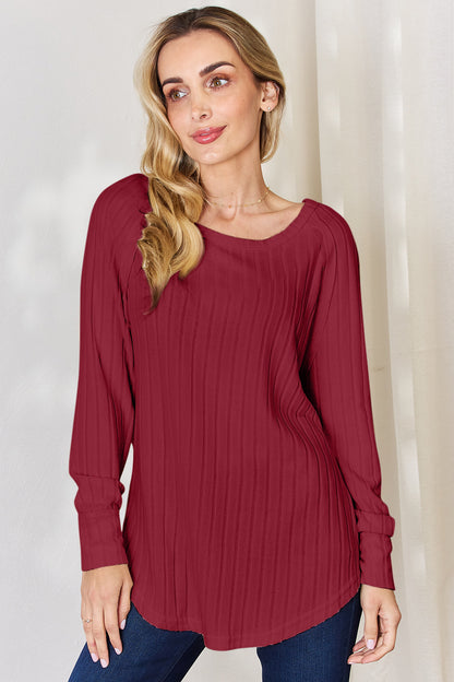 Full Size Ribbed Round Neck Slit T-Shirt