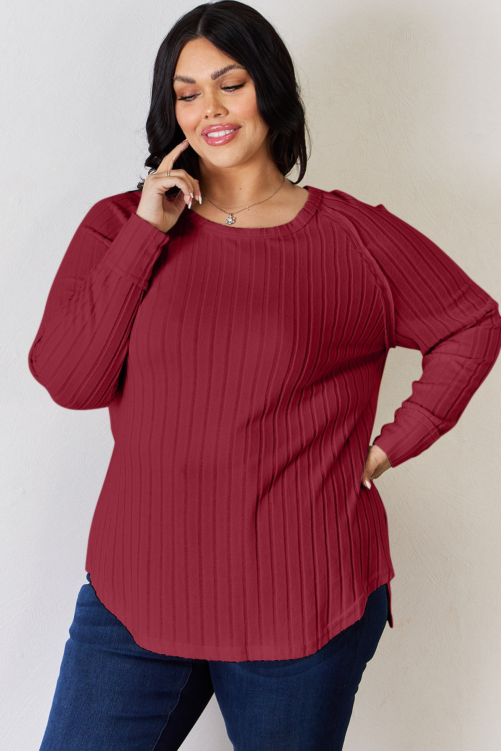 Full Size Ribbed Round Neck Slit T-Shirt