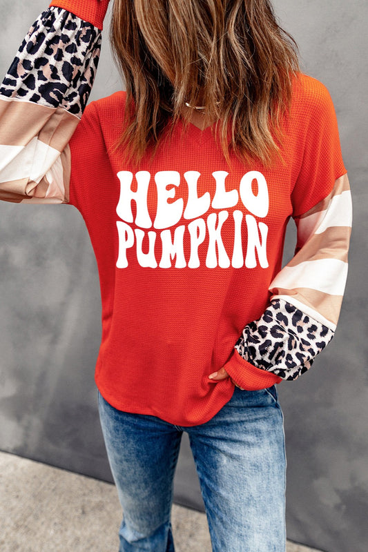 Hello Pumpkin Graphic V-Neck Long Sleeve Top