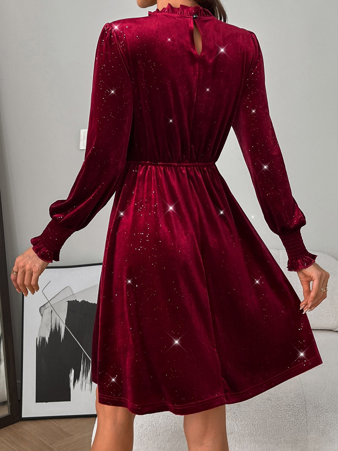 Glitter Mock Neck Long Sleeve Mini Dress