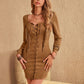 Fringe Lace Up Square Neck Long Sleeve Mini Dress