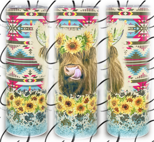 Aztec Sunflower Highland Cow 20oz Skinny Tumbler