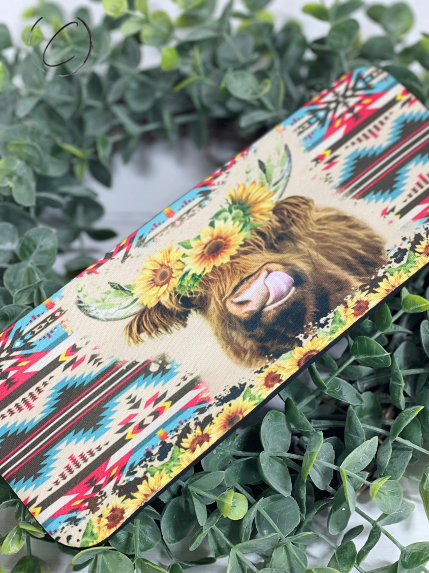 Aztec Sunflower Highland Cow Wrap Can Cooler