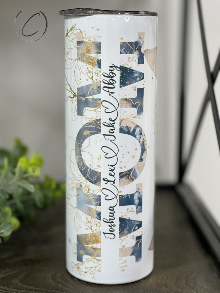 Blue Floral Mom Custom Names 20oz Skinny Tumbler