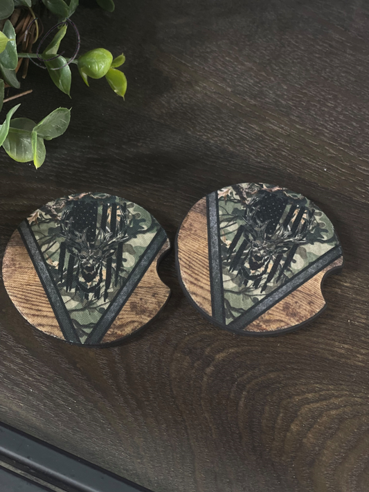 Camo & Wood Grain Deer Hunter Car Coaster Set