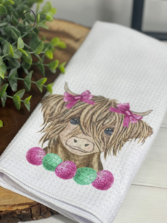 Easter Eggs Highland Cow Waffle Weave Tea Towel