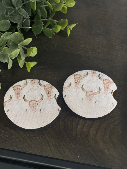 Floral Bull Skull Car Coaster Set