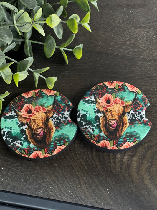 Floral Highland Cow Car Coaster Set