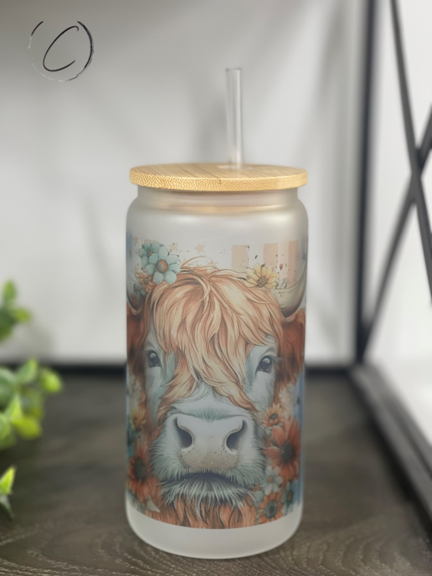 Floral Patriotic Highland Cow 16oz Libbey Glass