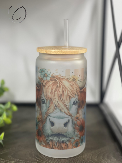 Floral Patriotic Highland Cow 16oz Libbey Glass