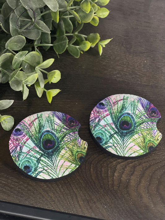 Glitter Peacock Feathers Car Coaster Set