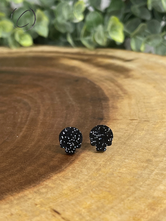 Skull Black Glitter Stud Earrings