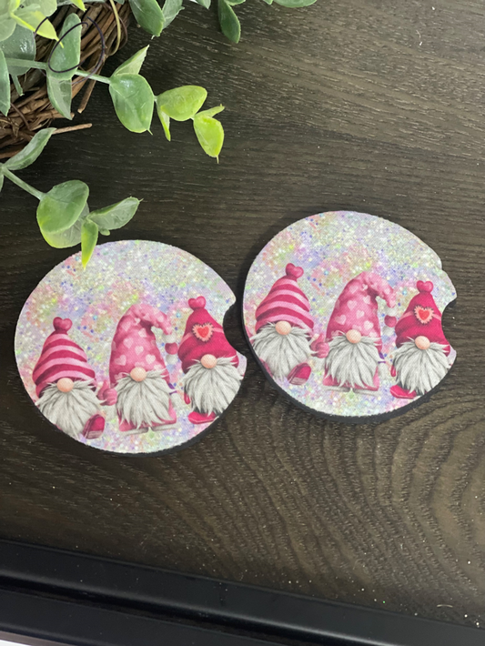 Glitter Valentines Gnomes Car Coaster Set