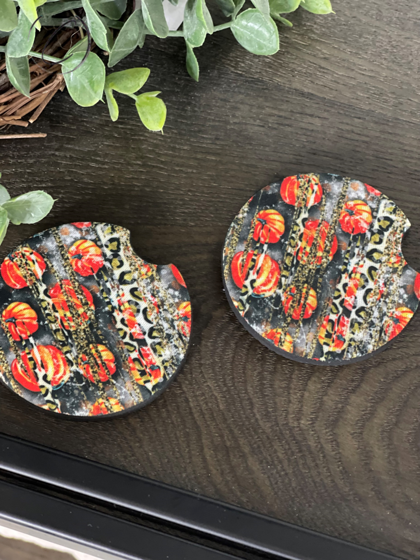 Gold Leopard Pumpkin Patch Neoprene Car Coaster Set