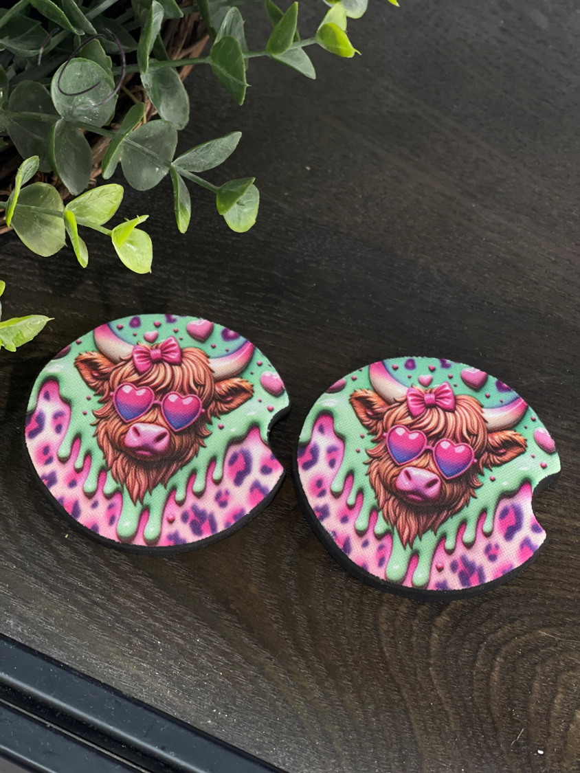 Groovy Love Highland Cow Car Coaster Set