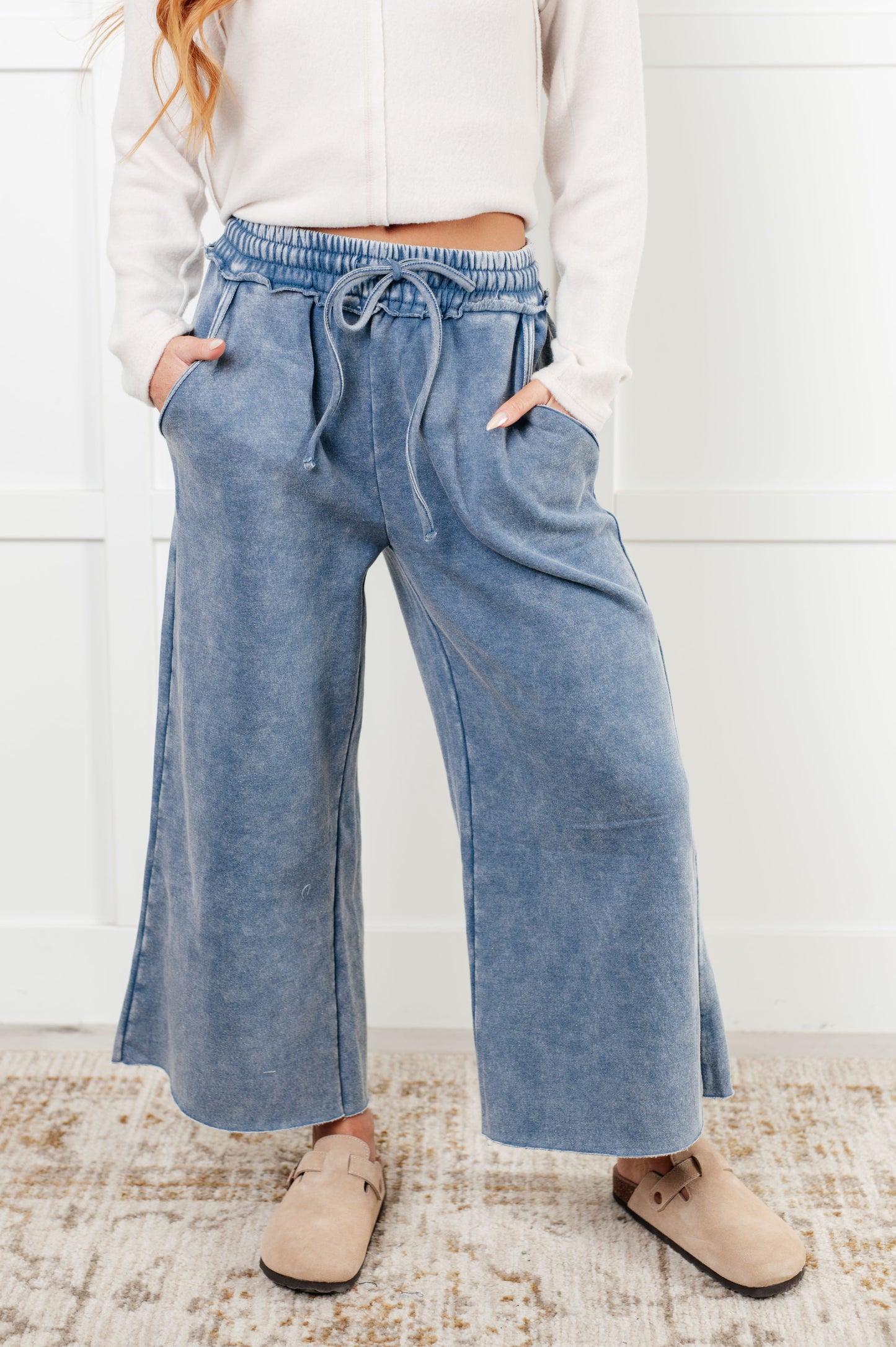 In or Out Wide Leg Cropped Pants in Dusty Blue