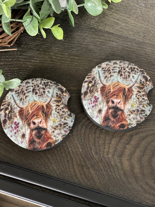 Leopard Highland Cow Neoprene Car Coaster Set