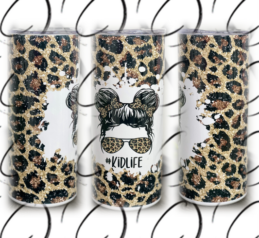 Leopard Messy Bun #Kidlife 15oz Kids Skinny Tumbler