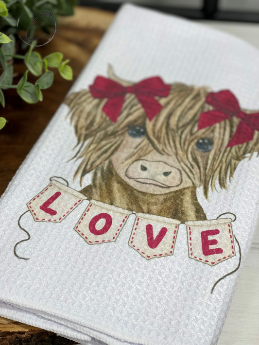 Love Highland Cow Waffle Weave Tea Towel