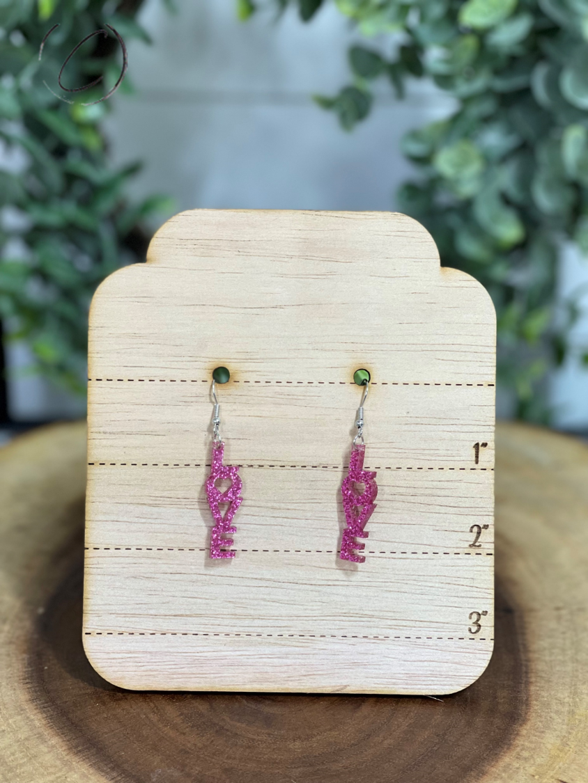 Love Pink Glitter Dangle Earrings