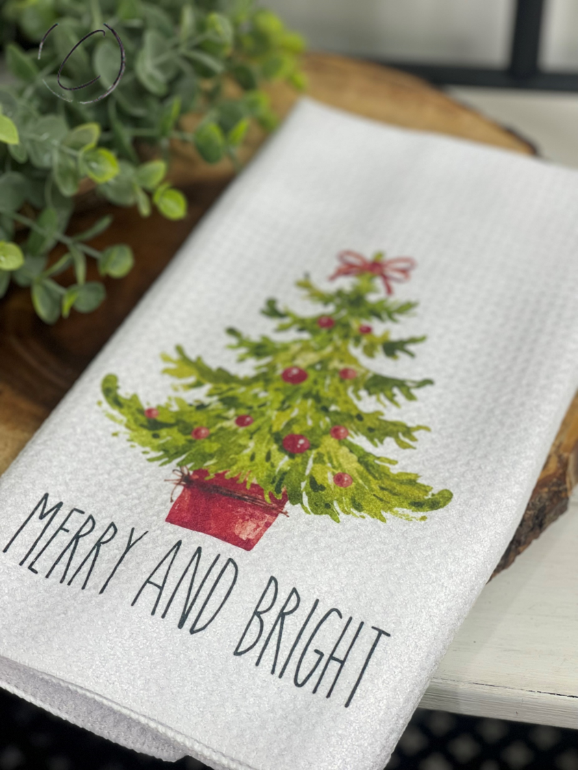 Merry And Bright Holiday Tree Waffle Weave Tea Towel