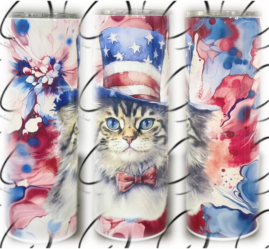 Patriotic Alcohol Ink Cat 20oz Skinny Tumbler