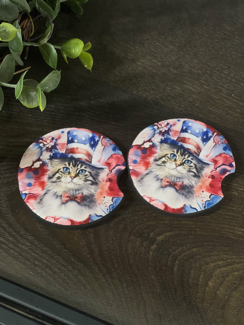 Patriotic Alcohol Ink Cat Car Coaster Set