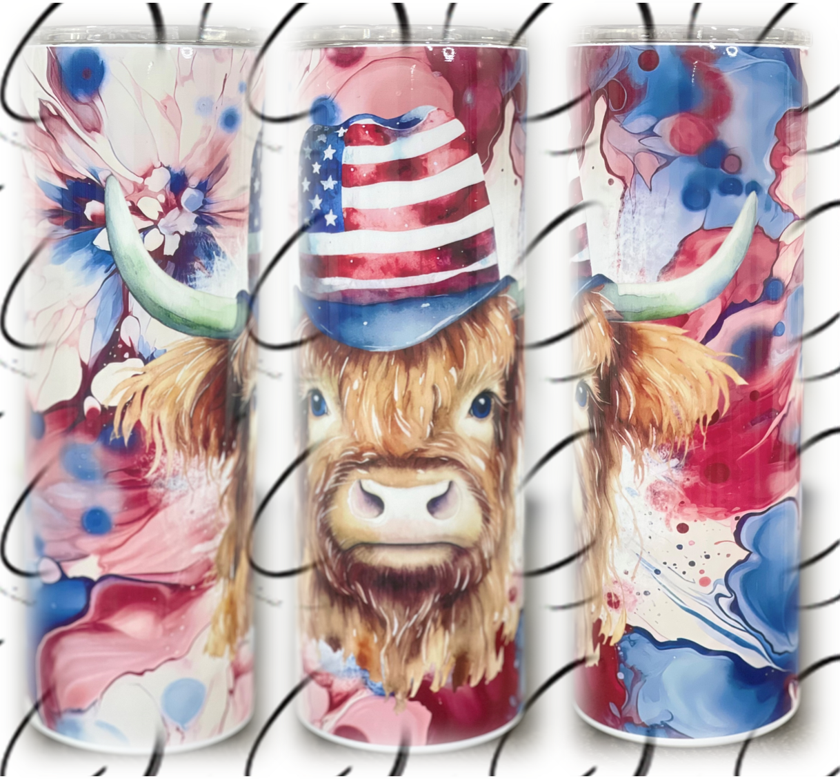 Patriotic Alcohol Ink Highland Cow 20oz Skinny Tumbler