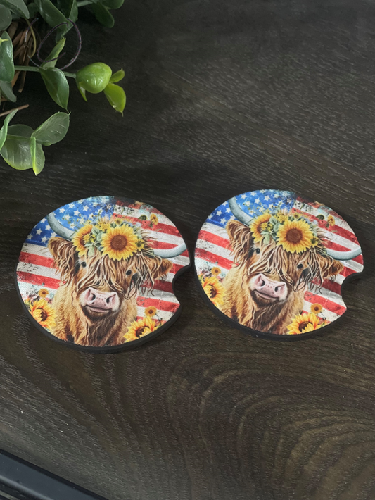 Patriotic Sunflower Highland Cow Car Coaster Set