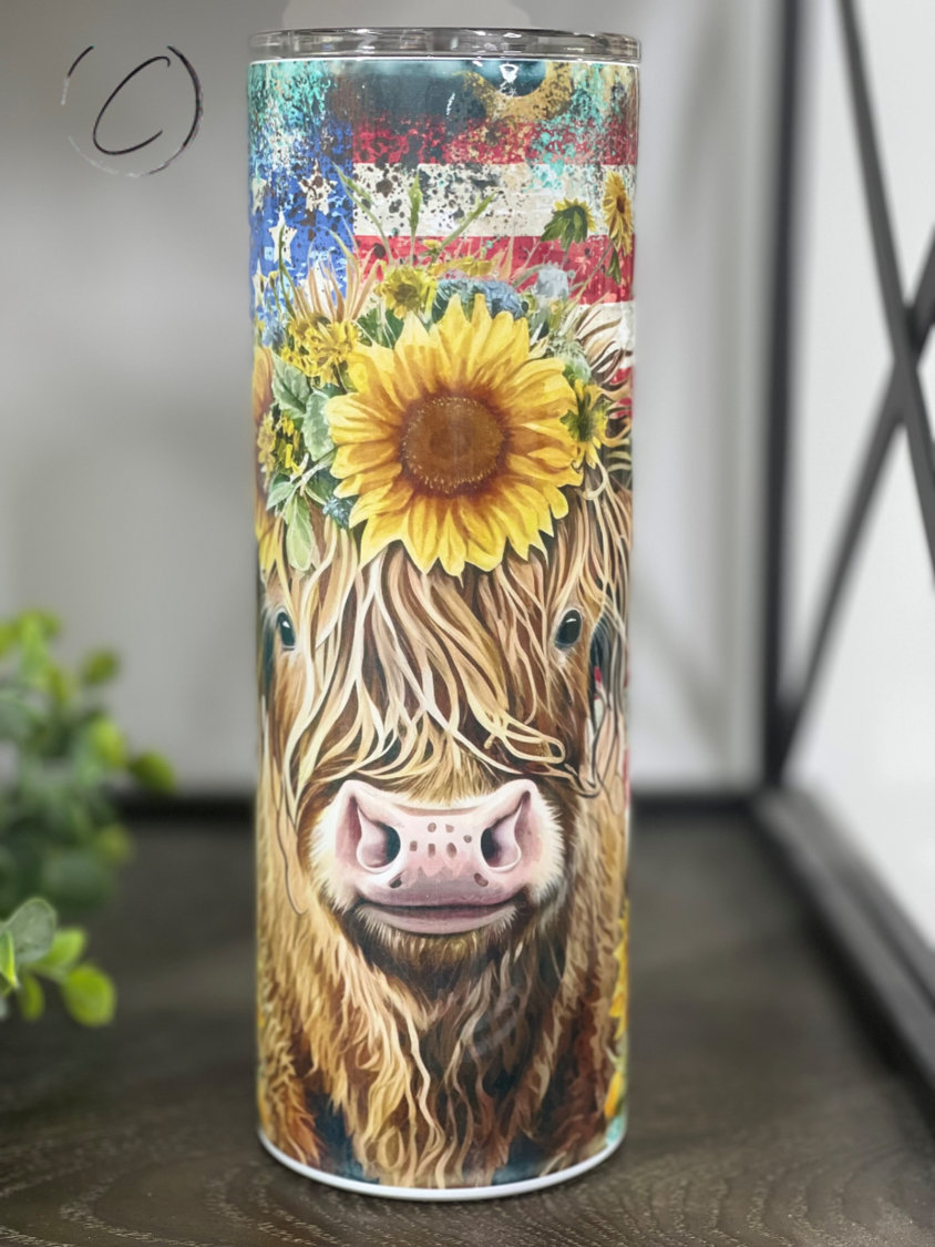 Patriotic Sunflower Highland Cow 20oz Skinny Tumbler