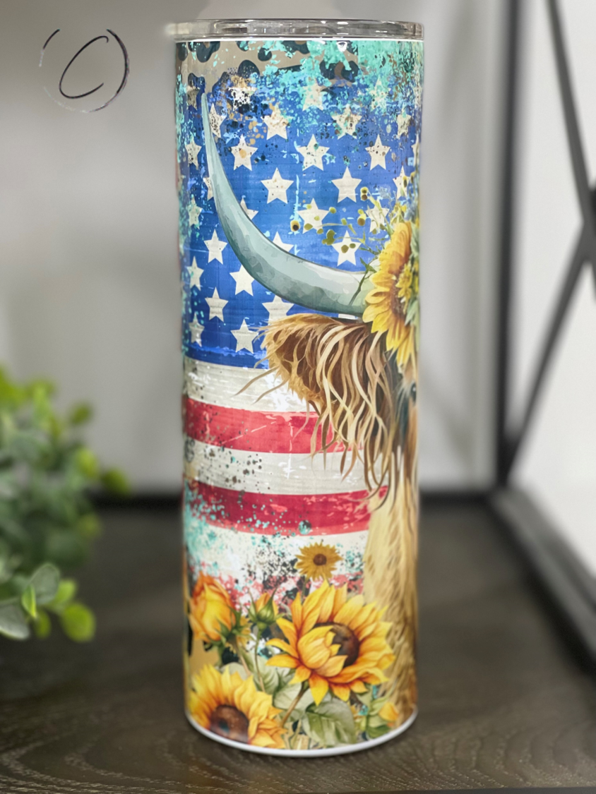 Patriotic Sunflower Highland Cow 20oz Skinny Tumbler