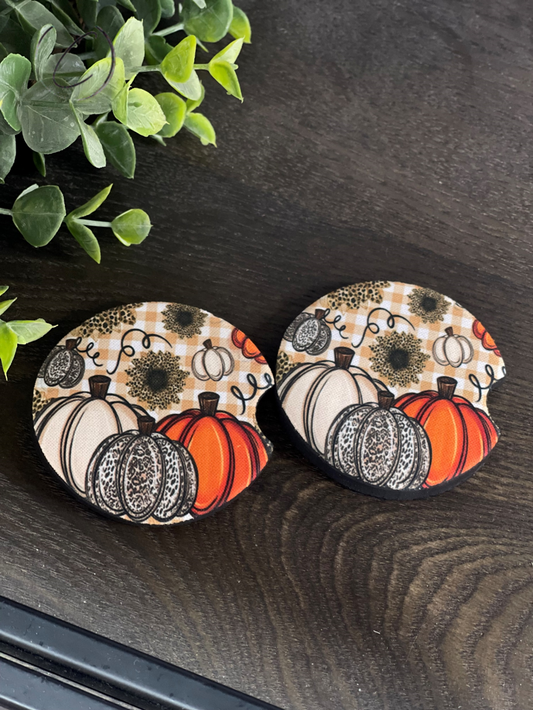 Pumpkin & Plaid Car Coaster Set