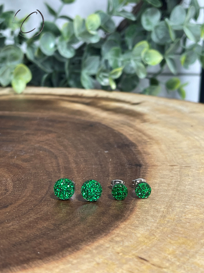 Round Green Glitter Stud Earrings