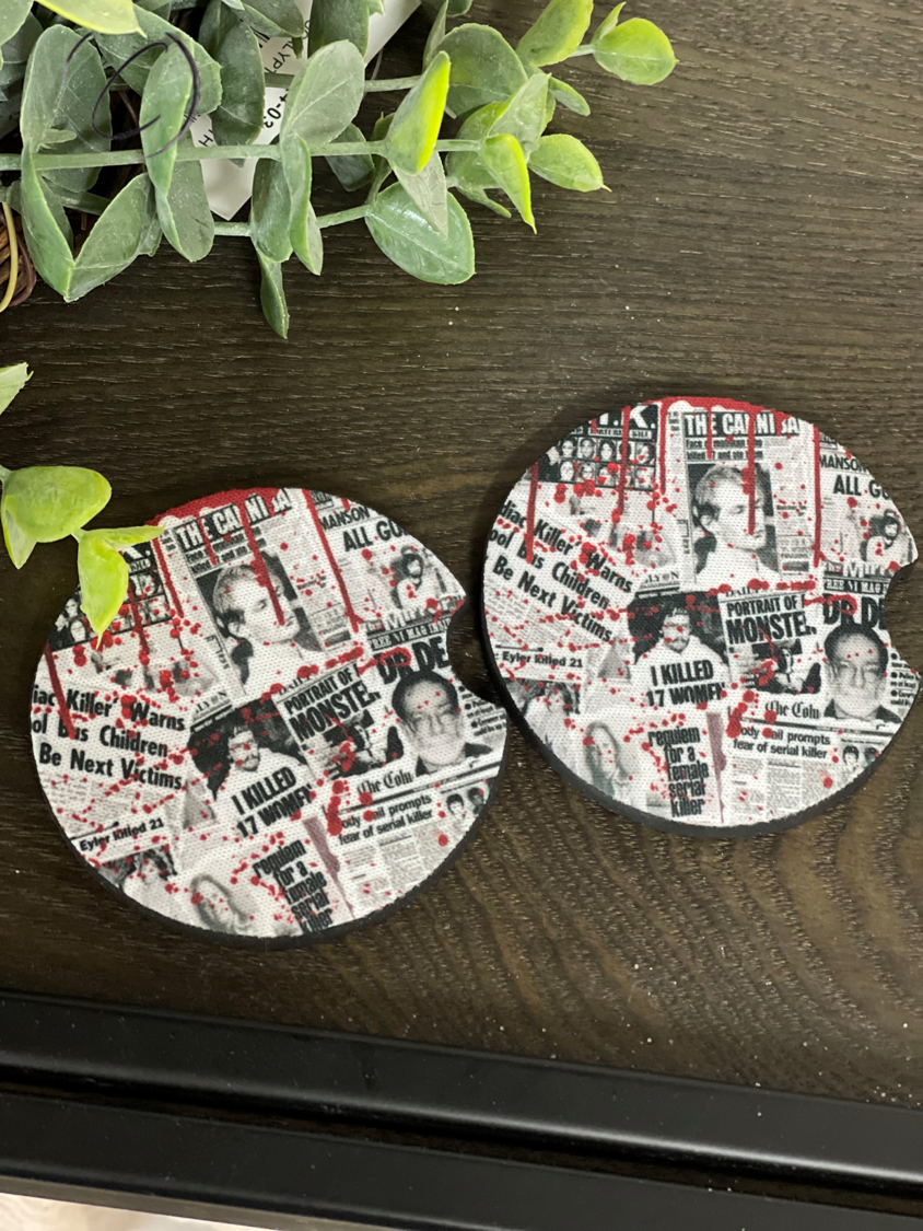 Serial Killer Newspaper Car Coaster Set