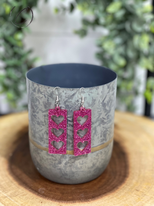 Stacked Hearts Pink Glitter Dangle Earrings