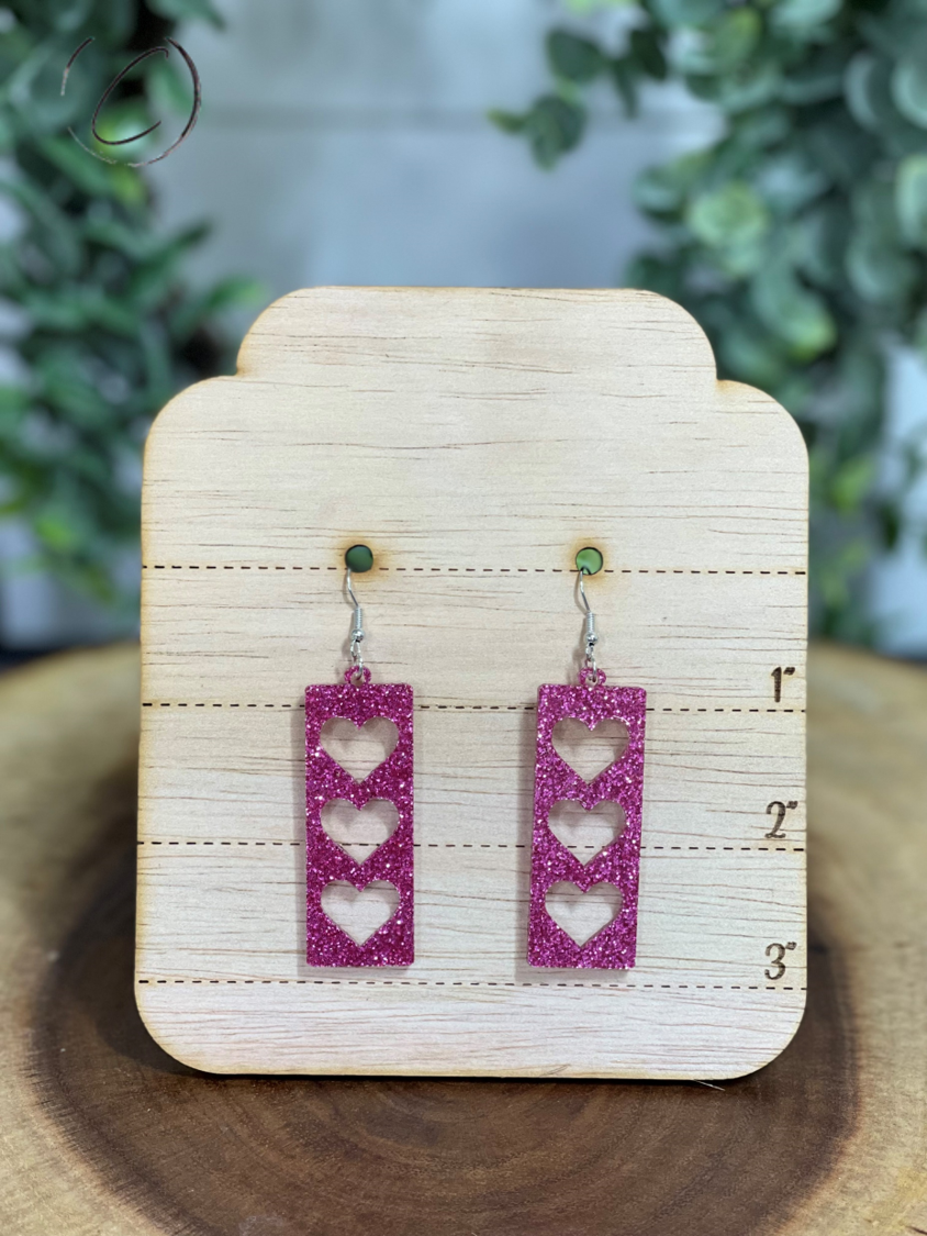 Stacked Hearts Pink Glitter Dangle Earrings