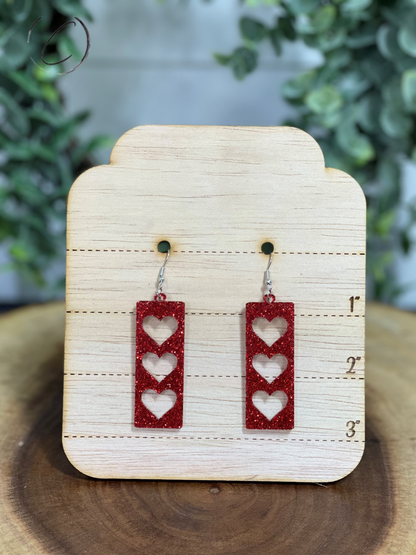 Stacked Hearts Red Glitter Dangle Earrings