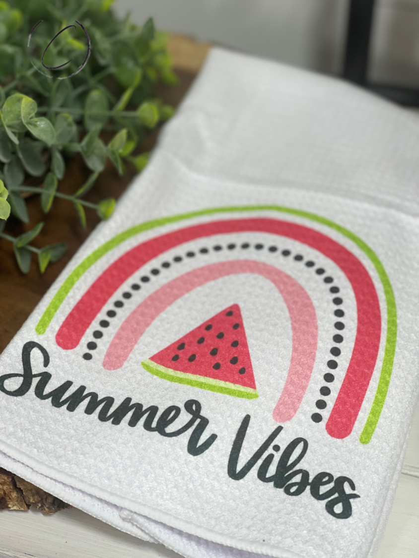 Summer Vibes Watermelon Rainbow Waffle Weave Tea Towel