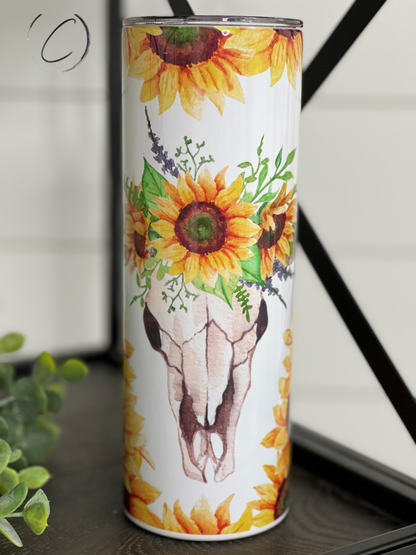 Sunflower Bull Skull 20oz Skinny Tumbler