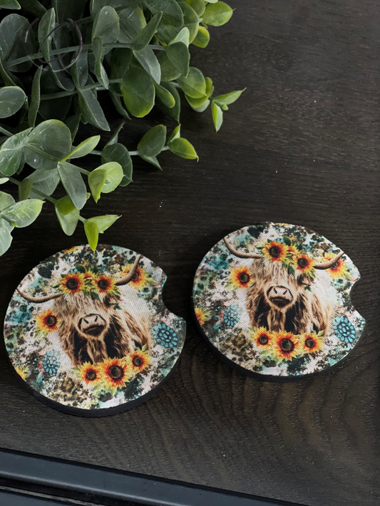 Sunflower Highland Cow Car Coaster Set